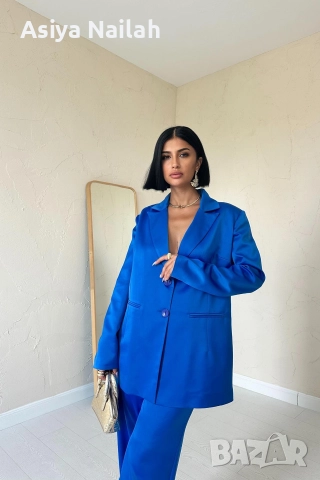 Дамски син костюм от две части – сако и панталон с ластик, снимка 2 - Костюми - 52792850