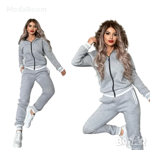 Дамски комплект с качулка с пух, наличен в сив и зелен цвят, снимка 2 - Комплекти - 48062939