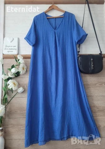 Синя дълга рокля памучна материя , снимка 4 - Рокли - 50851746