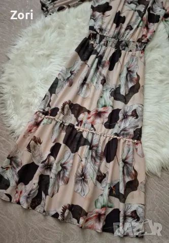 РАЗКОШНА дълга бежова рокля на едри цветя, снимка 12 - Рокли - 50091191