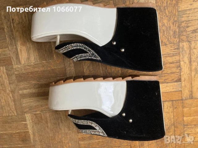 Дамски чехли от черен набук и бял лак с камъчета W Shoes, снимка 4 - Чехли - 51408144