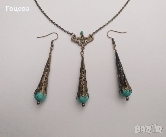 Прекрасен Викториански Тюркоазен комплект обици и колие в бронзов цвят, снимка 2 - Бижутерийни комплекти - 31068464