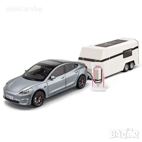 Метални коли: Tesla Model 3 с кемпер ремарке RV метален модел 1:24, снимка 3 - Колекции - 54221880