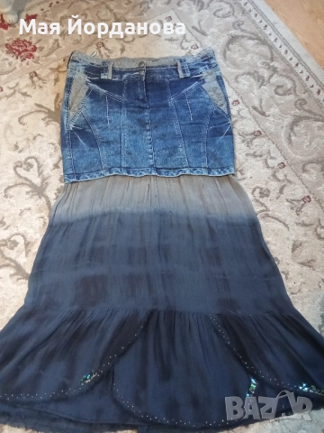 Оригинална дънкова пола Юнона с копринена долна част е Бохо стил. Номер Lx умалена, цена 37 лв.