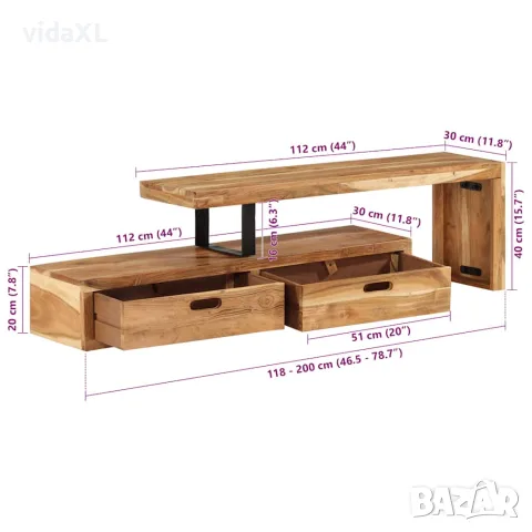 vidaXL ТВ шкаф (118-200) x 30 x 40 см, масивна акация, снимка 7 - Секции и витрини - 56147264