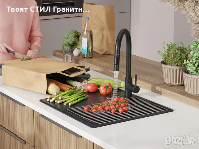 Графит кухненска гранитна мивка Копенхаген 40 Top 550 x 500 мм, снимка 2 - Мивки - 51015691