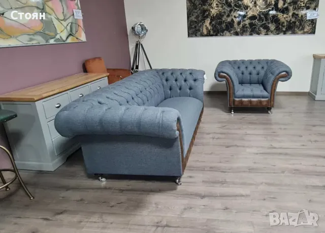 Сив комплект от плат Честърфийлд диван тройка и фотьойл, снимка 7 - Дивани и мека мебел - 50059641