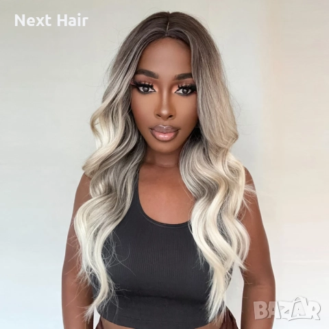 Омбре перука със средна дължина — тъмни корени и пепеляво светлоруси краища, чуплива текстура, снимка 4 - Аксесоари за коса - 52897865