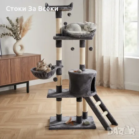 Многоетажна котешка драскалка с къщичка и легло