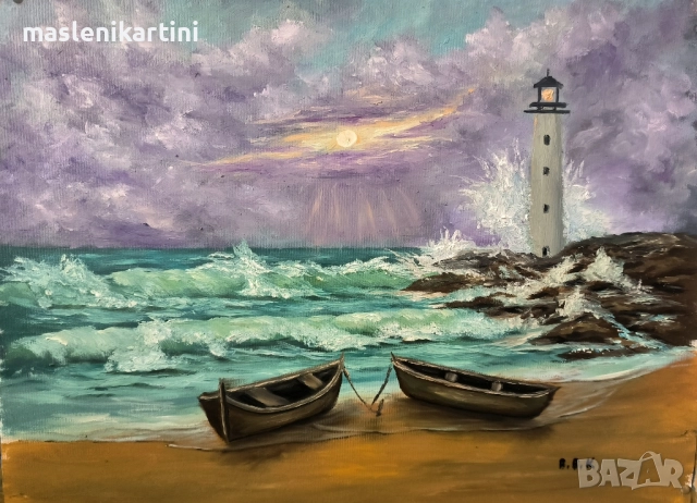 Морски пейзаж с фар и лодки маслена картина , снимка 2 - Картини - 51552967