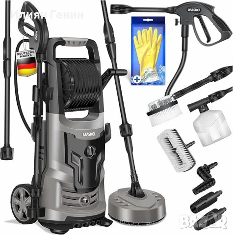 MASKO® Водоструйка 2200 вата 165 бара 450 л/ч, с макара за маркуч 10 м маркуч