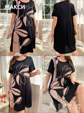 Макси силно еластична и мека нощница в черно с цветя