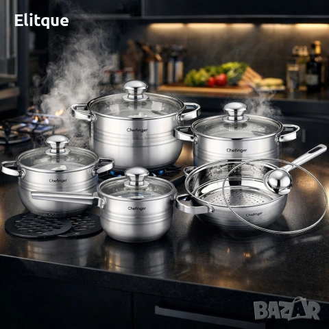 Комплект съдове за готвене 12 части Cheffinger, с индукционно дъно и стъклени капаци , снимка 5 - Други - 53178995