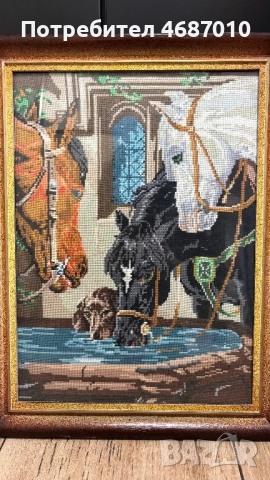 Ръчно изработен гоблен „Коне на водопой”, снимка 2 - Гоблени - 52841758