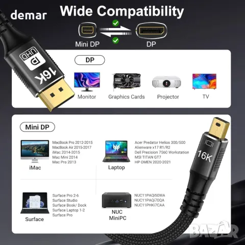 Кабел Mini DisplayPort към DisplayPort 2.1, DP 16K, двупосочно предаване(Mini DP към DP2.1 16K-3M), снимка 8 - Кабели и адаптери - 49545386