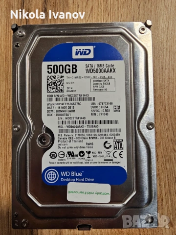 500GB 3.5 inch HDD WD Blue WD5000AAKX | SATA III | 100% Живот, Тестван! | хард/твърд диск | 7200 RPM