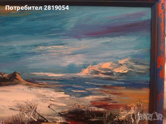 Красива картина масло на платно с подрамка морски пейзаж прекрасен бряг за колекционери ценители или, снимка 5 - Други ценни предмети - 37715138