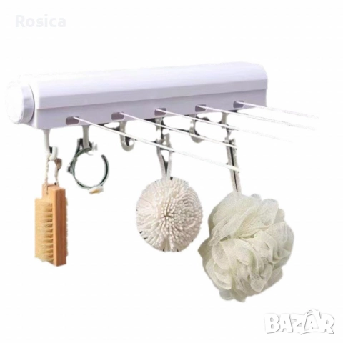 Прибиращ се простор за дрехи с 5 въжета и куки - Максимална дължина 4 метра, бял