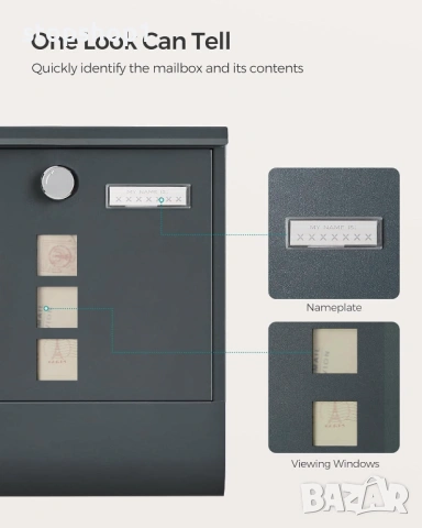 SONGMICS Стенна пощенска кутия с ключалка и въртящ се капак, прозорец за наблюдение, държач за име, , снимка 4 - Други - 53964064