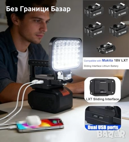 Нова 35W 9000LM LED работна лампа за Makita 18V LXT IPX6 USB Акумулаторен прожектор, снимка 2 - Други инструменти - 54129139