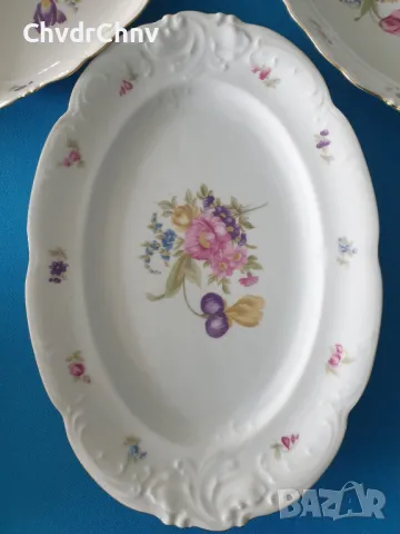 KPM Poland чиния 33-25см/3бр КПМ стари немски порцеланови чинии-плата/цветя-злато, снимка 2 - Чинии - 48983376