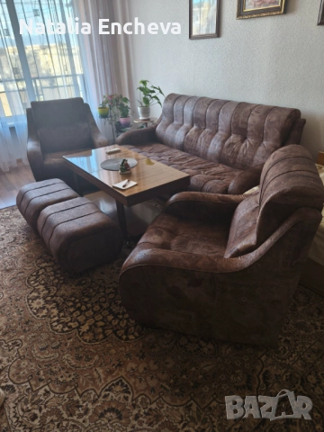 Продавам разтегателен диван с фотьойл и и 2 табуретки, снимка 2 - Дивани и мека мебел - 52955724