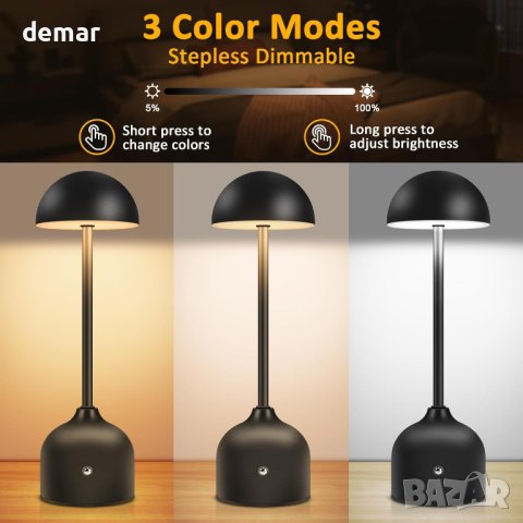 Toowell Акумулаторна настолна нощна лампа сензорна димируема, черна, снимка 2 - Настолни лампи - 44499609