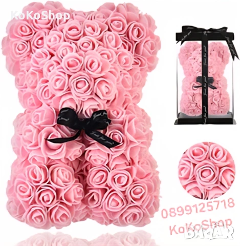 Мече от рози в луксозна кутия – светло розово, романтичен подарък за Св. Валентин