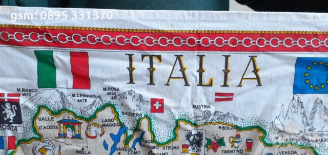Италия - красива стара карта върху плат, ковьор, печат 85 х 50 см