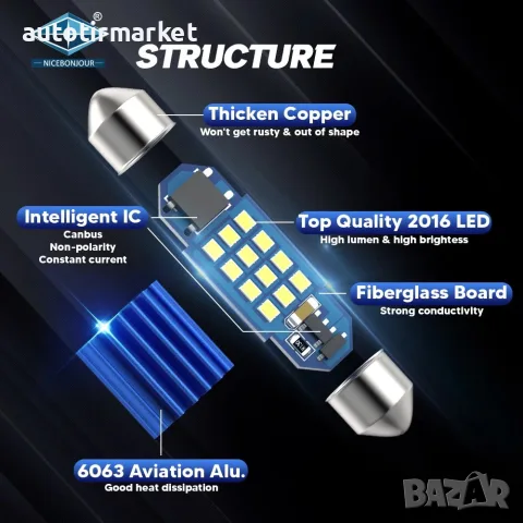LED Крушки за плафон 39мм 12/24V G – TECH – T271, снимка 2 - Аксесоари и консумативи - 56054573