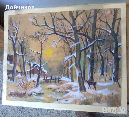 Зимен пейзаж, акварел, стара картина, снимка 5 - Картини - 29121088
