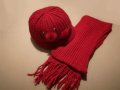 Нов комплект червена шапка и шал Вълна + помпони норка