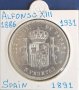 Монета Испания - 5 Песети 1891 г. Крал Алфонсо XIII - Сребро, снимка 1 - Нумизматика и бонистика - 31665072