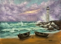 Морски пейзаж с фар и лодки маслена картина , снимка 2