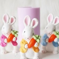 3d Зайче заек с морков цилиндър силиконов молд форма калъп фондан шоколад гипс свещ сапун, снимка 1 - Форми - 36906594