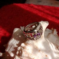 Масивен, маркиран сребърен пръстен с аметисти и циркони, снимка 4 - Пръстени - 36690286