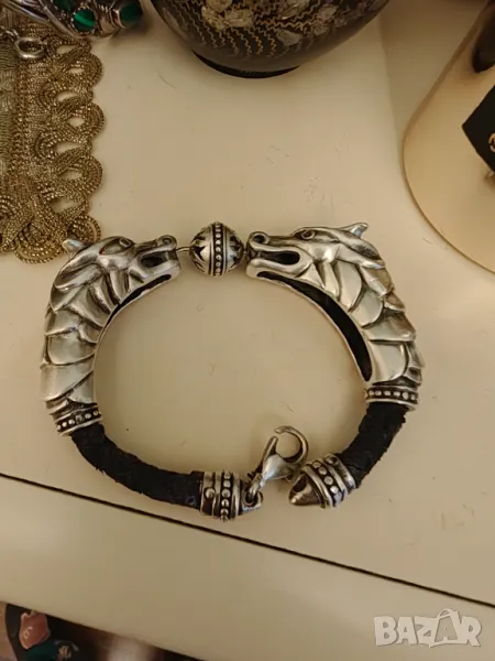 Изумителна  ръчно изработена сребърна гривна  дракони 67 гр, снимка 1