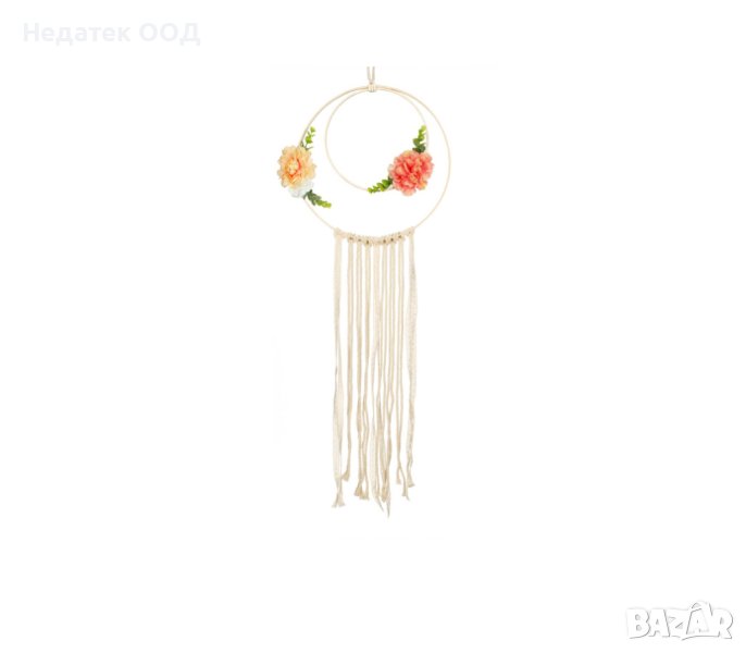 Макраме, Декорация за стена, с пискюли и цветя, 31x82см, снимка 1