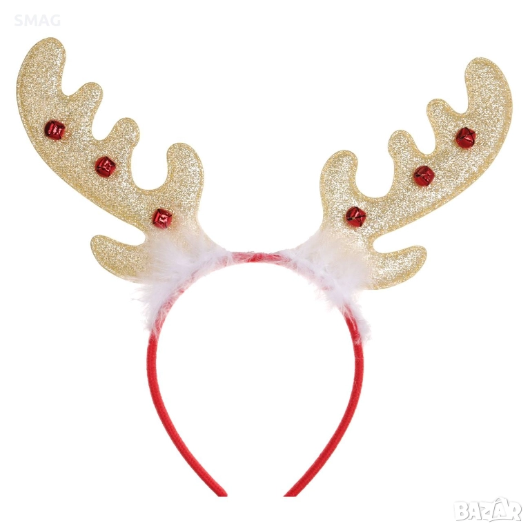 Коледна диадема с еленски рога, пухчета и звънчета 13 см_1255077, снимка 1