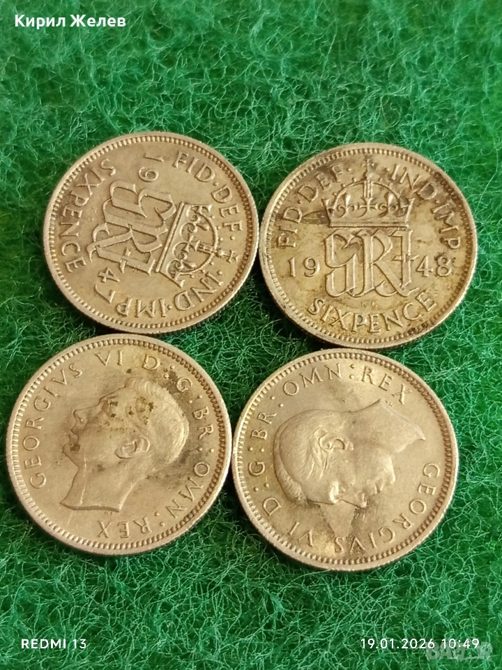 Четири монети 6 пенса 1948г. Великобритания Крал Джордж пети за КОЛЕКЦИЯ 53336, снимка 1