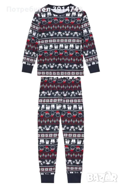 Детска пижама долнище + горнище 100% памук, зимен / празничен коледен мотив, размер 122-128, НОВА, снимка 1