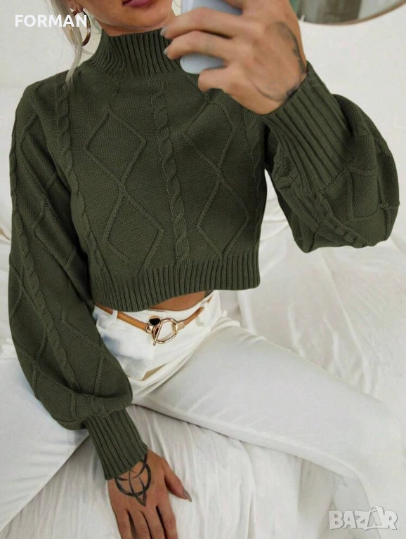 Зелена блуза с плетеници, снимка 1