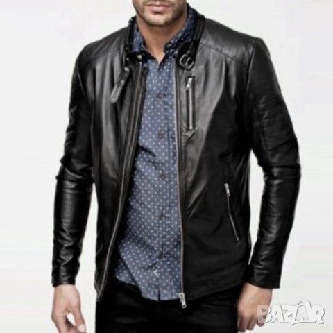 JACK & JONES Мъжко Кожено Яке Мото Естествена Кожа Като Ново S