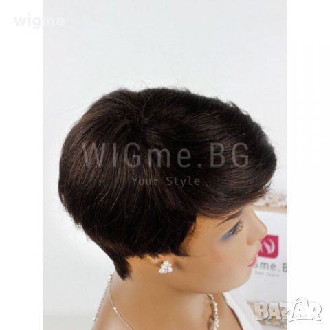 Къса тъмнокестенява перука от естествен косъм с бретон Регина, снимка 7 - Аксесоари за коса - 34515376