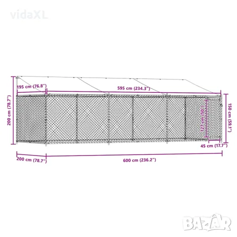 vidaXL Кучешка клетка с покрив и врата сив 6x2x2 м поцинкована стомана, снимка 9 - За кучета - 56146780