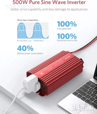 BESTEK 500W инвертор с чиста синусоида DC 12V към AC 230V 240V с 4.2A, снимка 6 - Друга електроника - 48794453