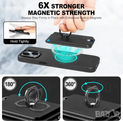 TUCCH кожен калъф за iPhone 15 Plus с отделение за карти, черен, снимка 4 - Калъфи, кейсове - 49790345