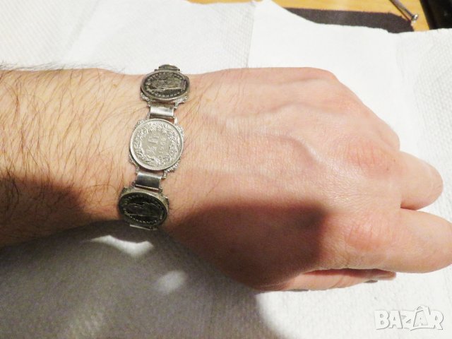 масивна  мъжка сребърна гривна с швейцарски 1/2  франкове  1968,1969, 1970 г сребро, снимка 6 - Антикварни и старинни предмети - 31686627
