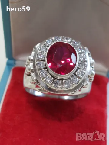 Огромен мъжки сребърен пръстен с рубин и циркони(фараон), снимка 2 - Пръстени - 48462715