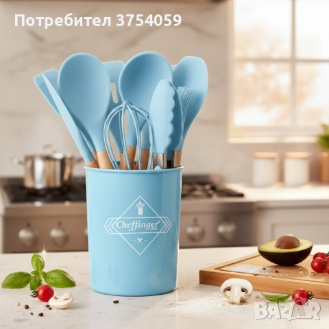Комплект 12 части кухненски прибори със стойка Cheffinger – силиконови накрайници, дървени дръжки, снимка 7 - Прибори за хранене, готвене и сервиране - 53174040
